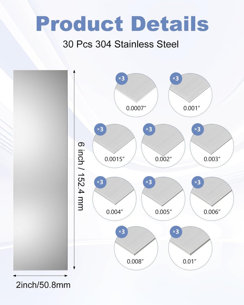 AOKLIT 30 Pcs Shim Stock Assortment, 304 Stainless Steel 2" Width x 6" Length Metal Shims for Leveling, Gap Filler Trim Strip, DIY & Industrial Use (0.001"-0.01" Thickness) - Image 2